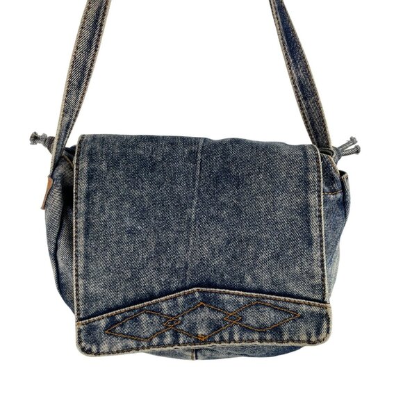 Vintage Denim Shoulder Bag Purse Adjustable Knotted Strap & Leather Accents - Picture 2 of 15